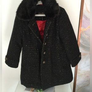 Jessica Simpson black pea coat, red lining, faux fur collar, Girls 4T